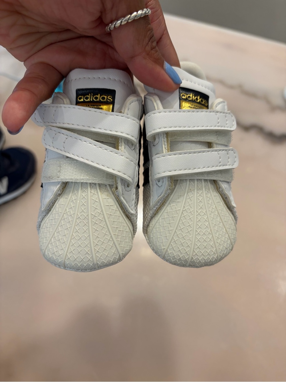 adidas White Baby Superstar Velcro Shoes with Gold Logo